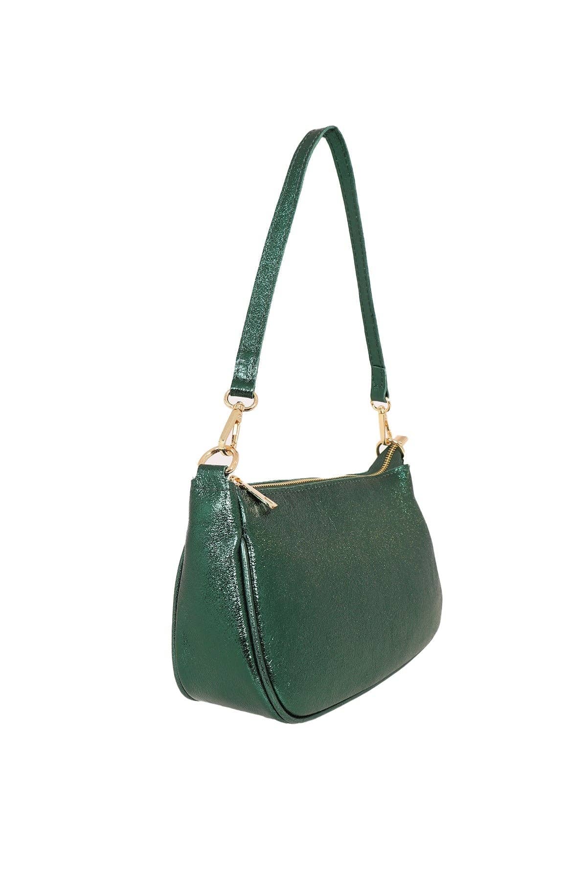 Metallic Green Italian Leather Baguette Bag