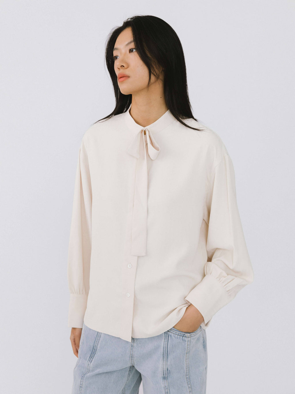 Cubic Oatmeal Collar Tied Slim Fit Shirt