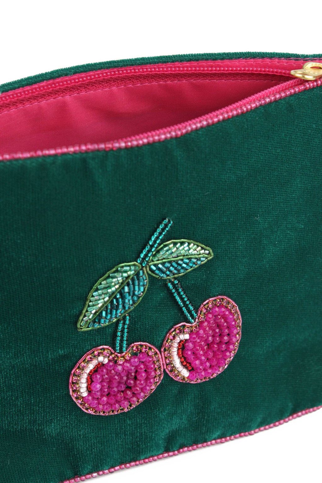 My Doris Green Cherry Medium Velvet Pouch