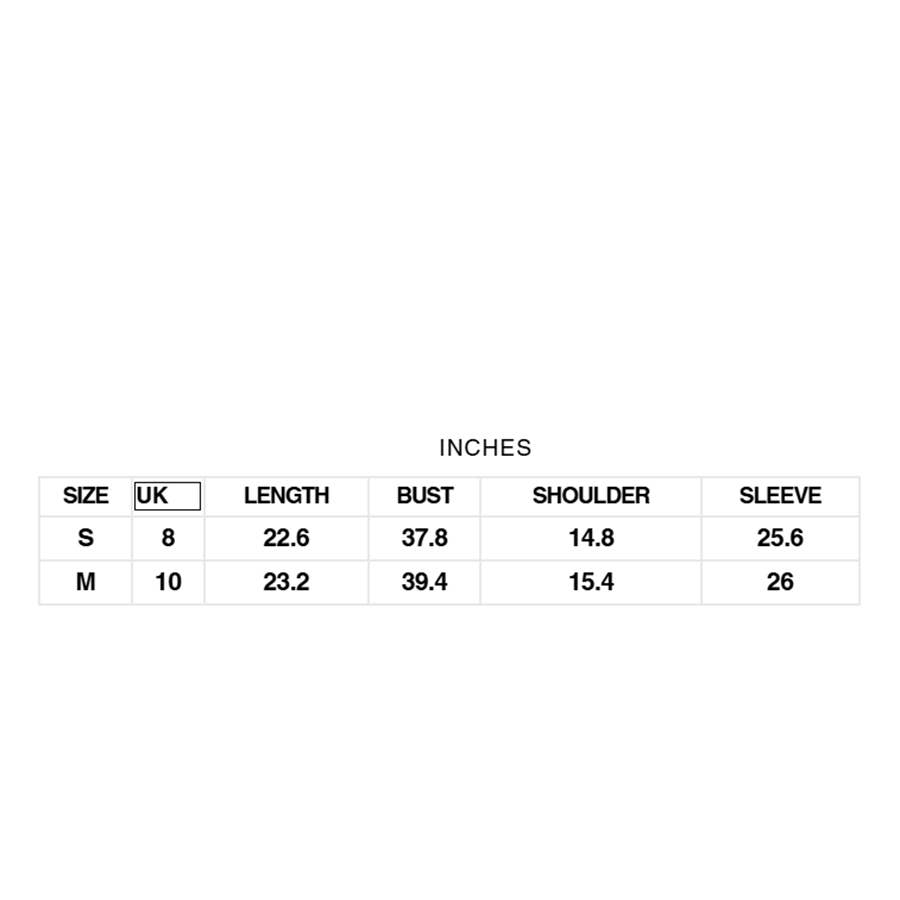 Measurement chart for clothing sizes S and M in inches