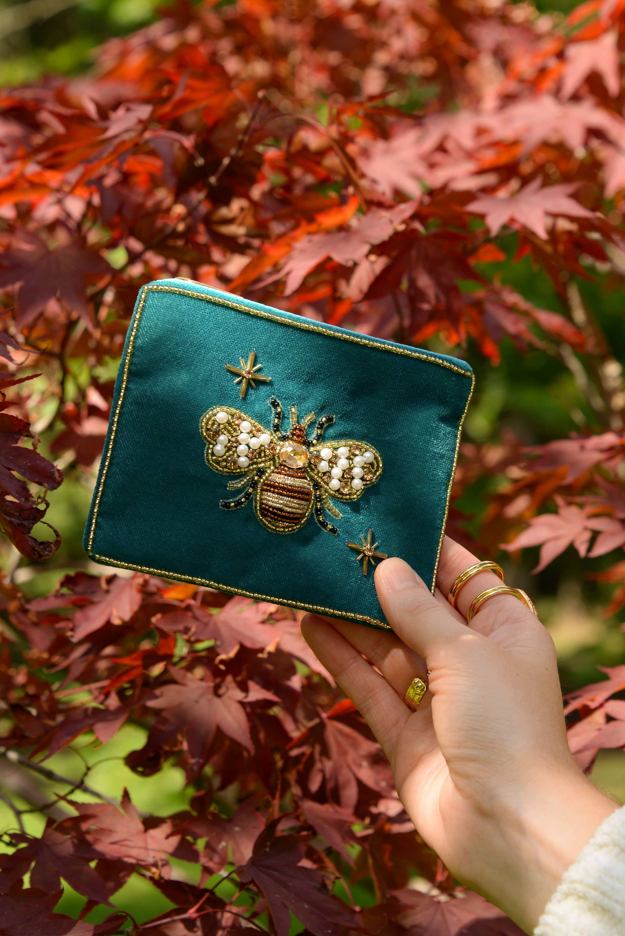 TEAL GOLDEN BEE SMALL VELVET POUCH