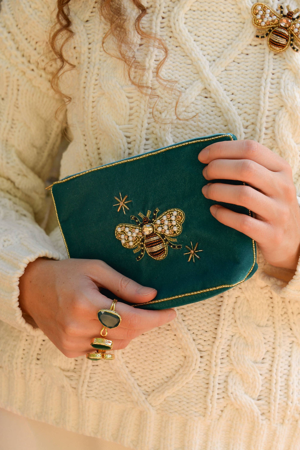 My Doris Teal Golden Bee Velvet Pouch