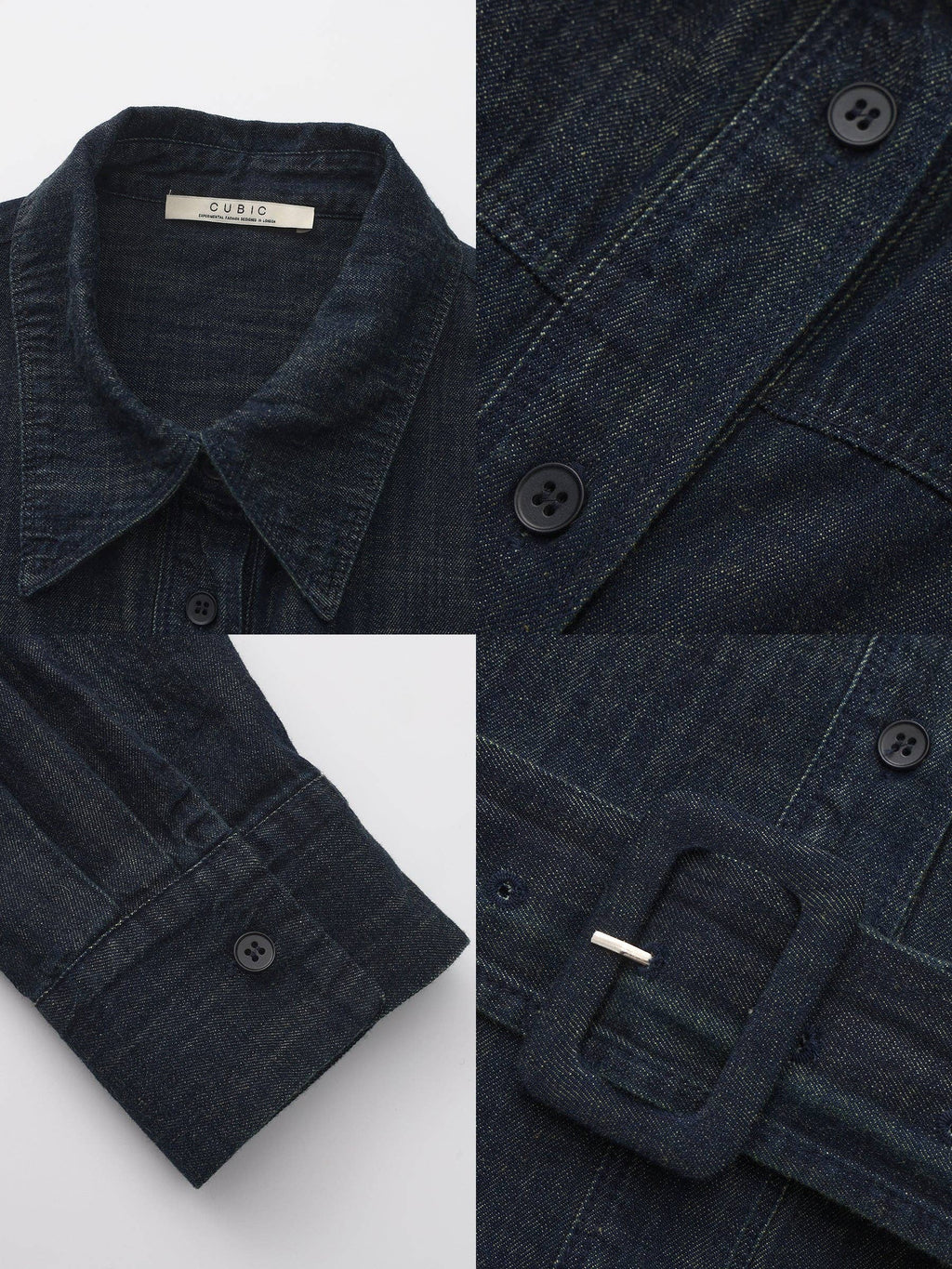 Collage of a dark denim jacket with close-up details on a light gray background