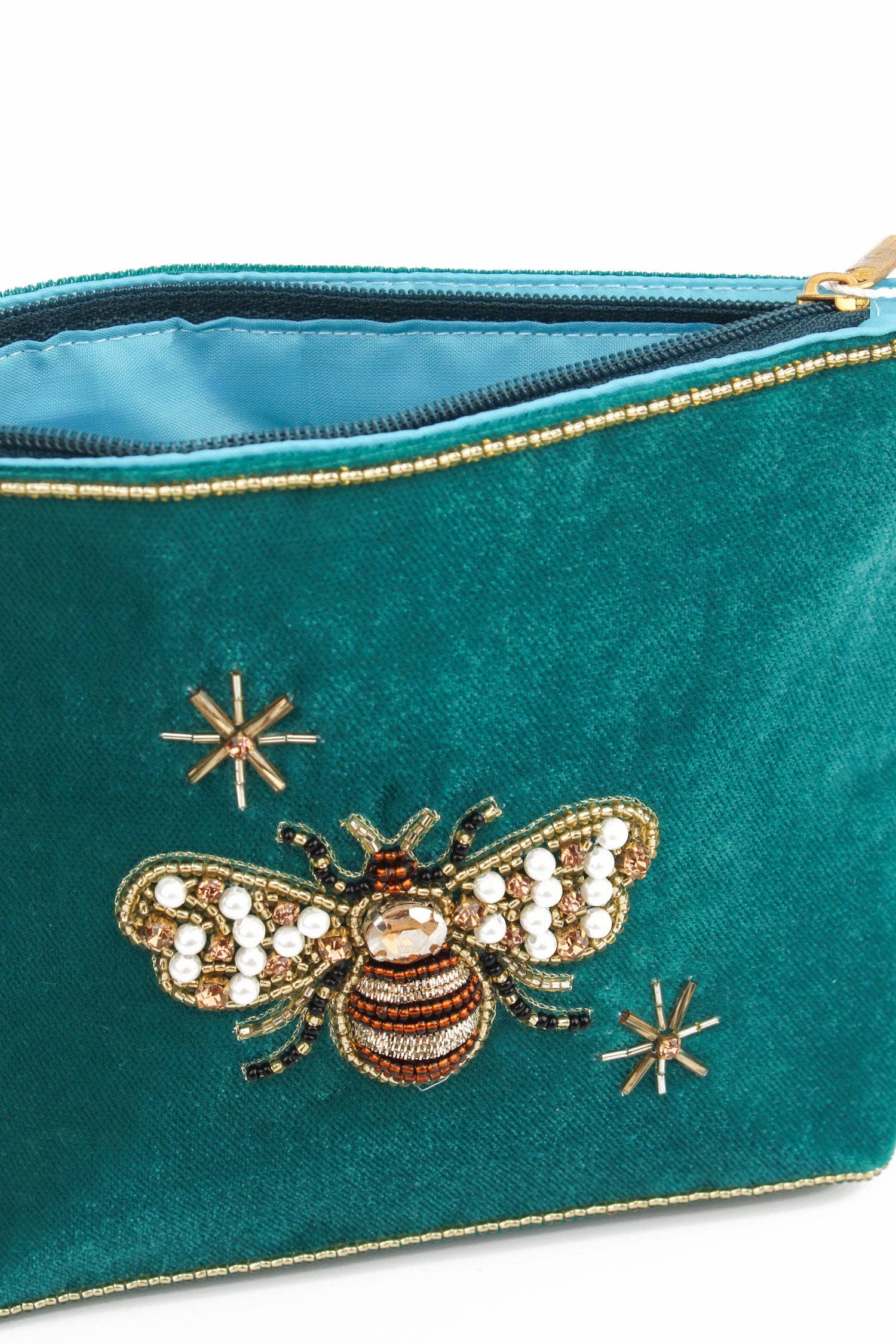 My Doris Teal Golden Bee Velvet Pouch