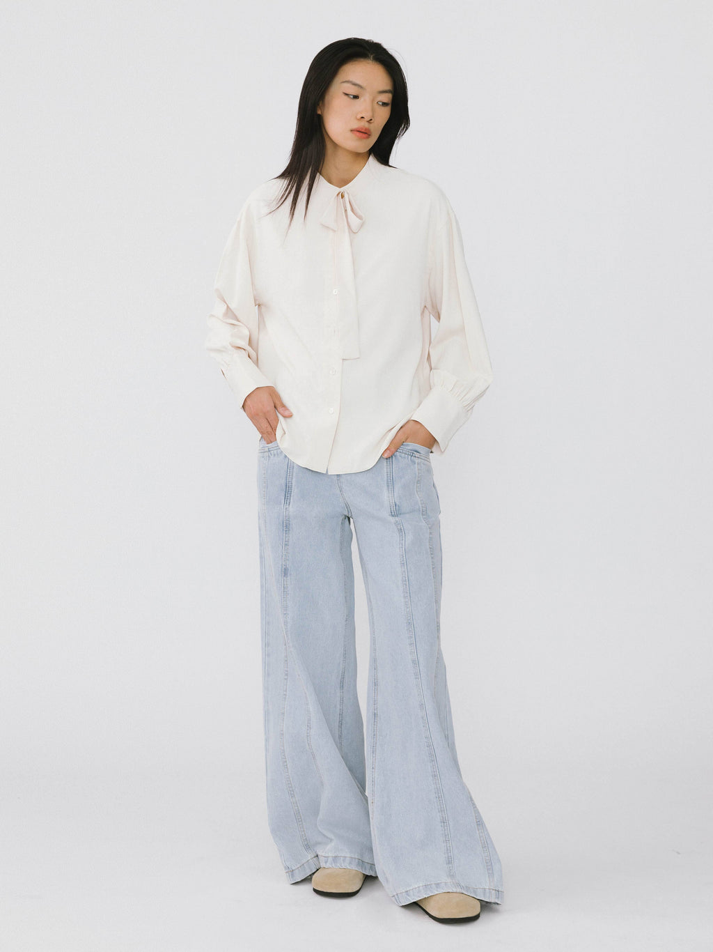 Cubic Oatmeal Collar Tied Slim Fit Shirt