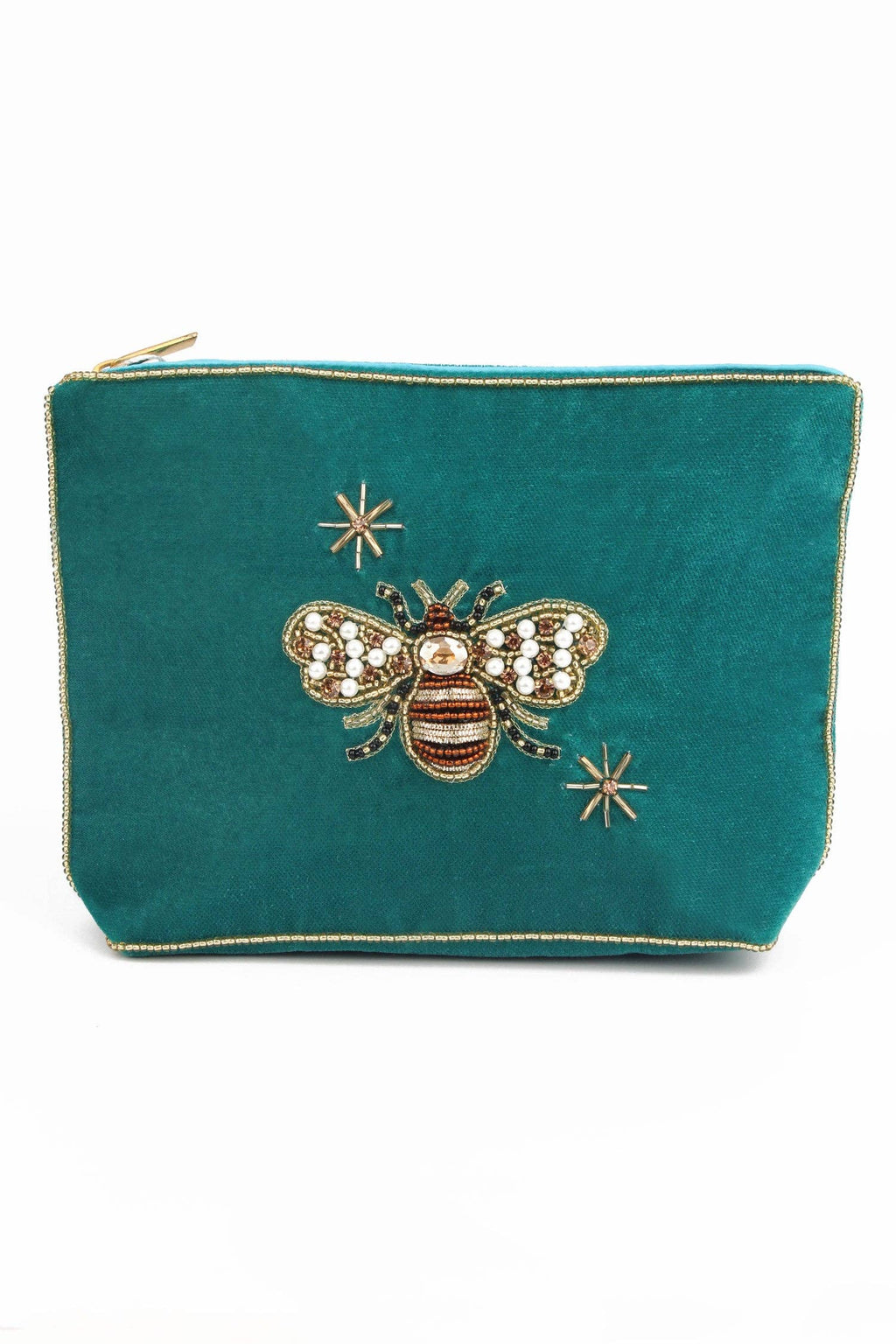 My Doris Teal Golden Bee Velvet Pouch