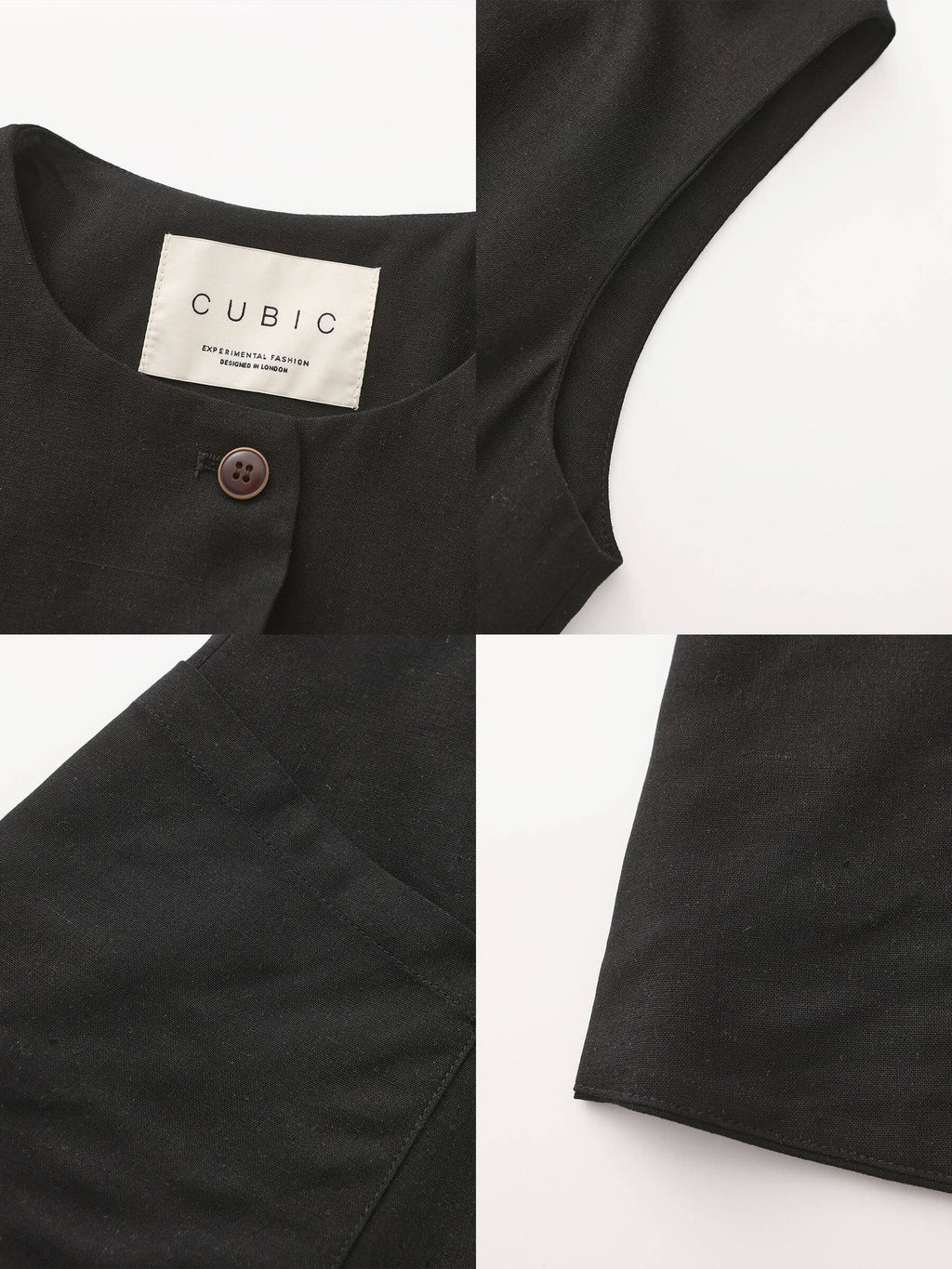 Black shirt with a button and 'Cubic' brand label on a white background
