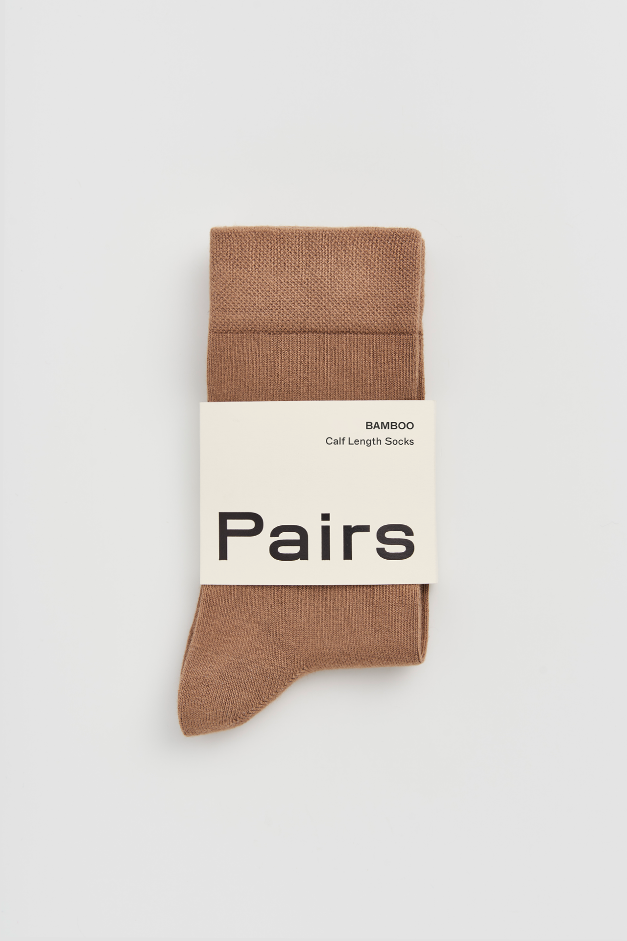 Brown sock with 'Pairs' label on a white background