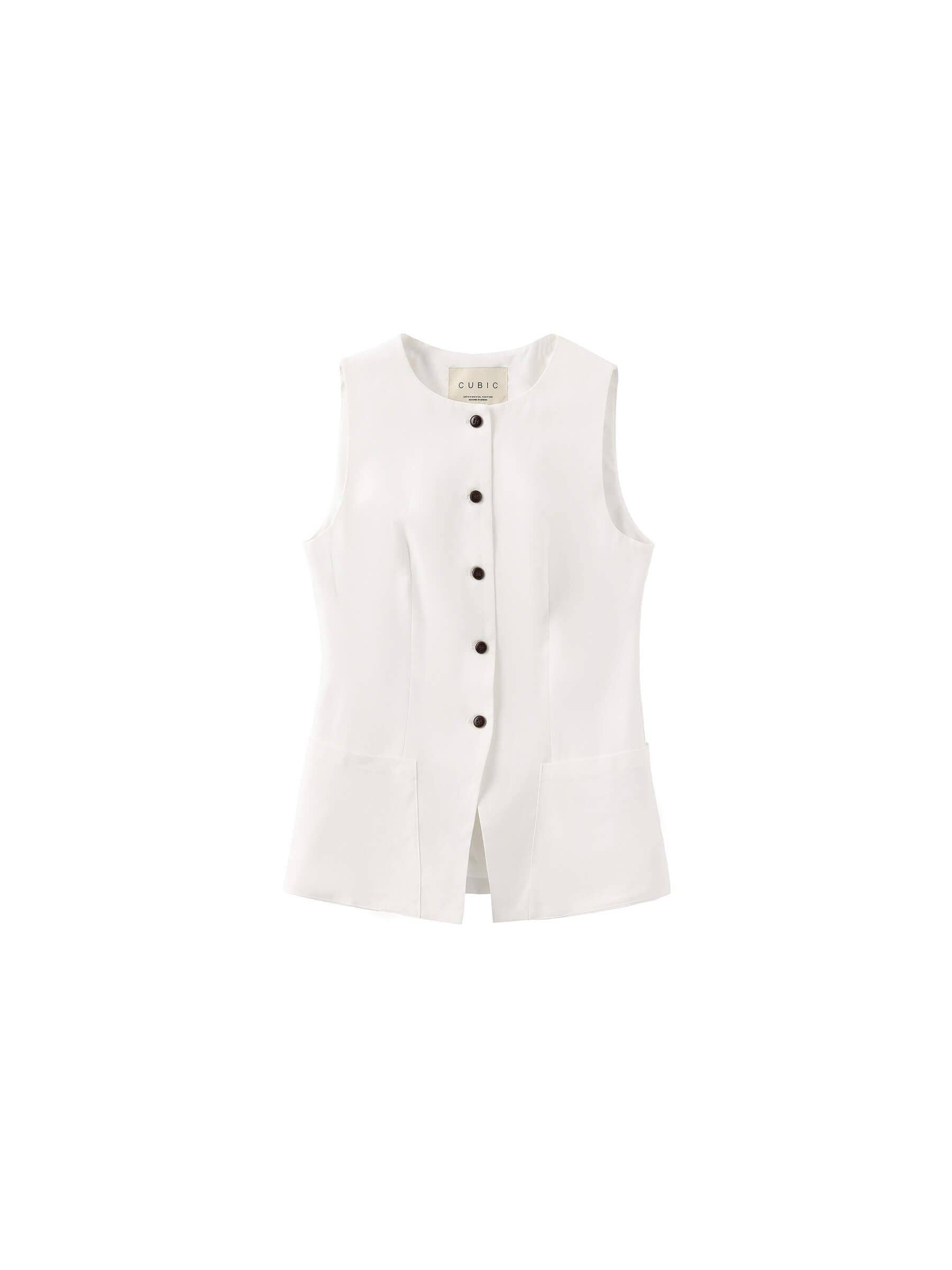 White sleeveless button-up shirt on a white background