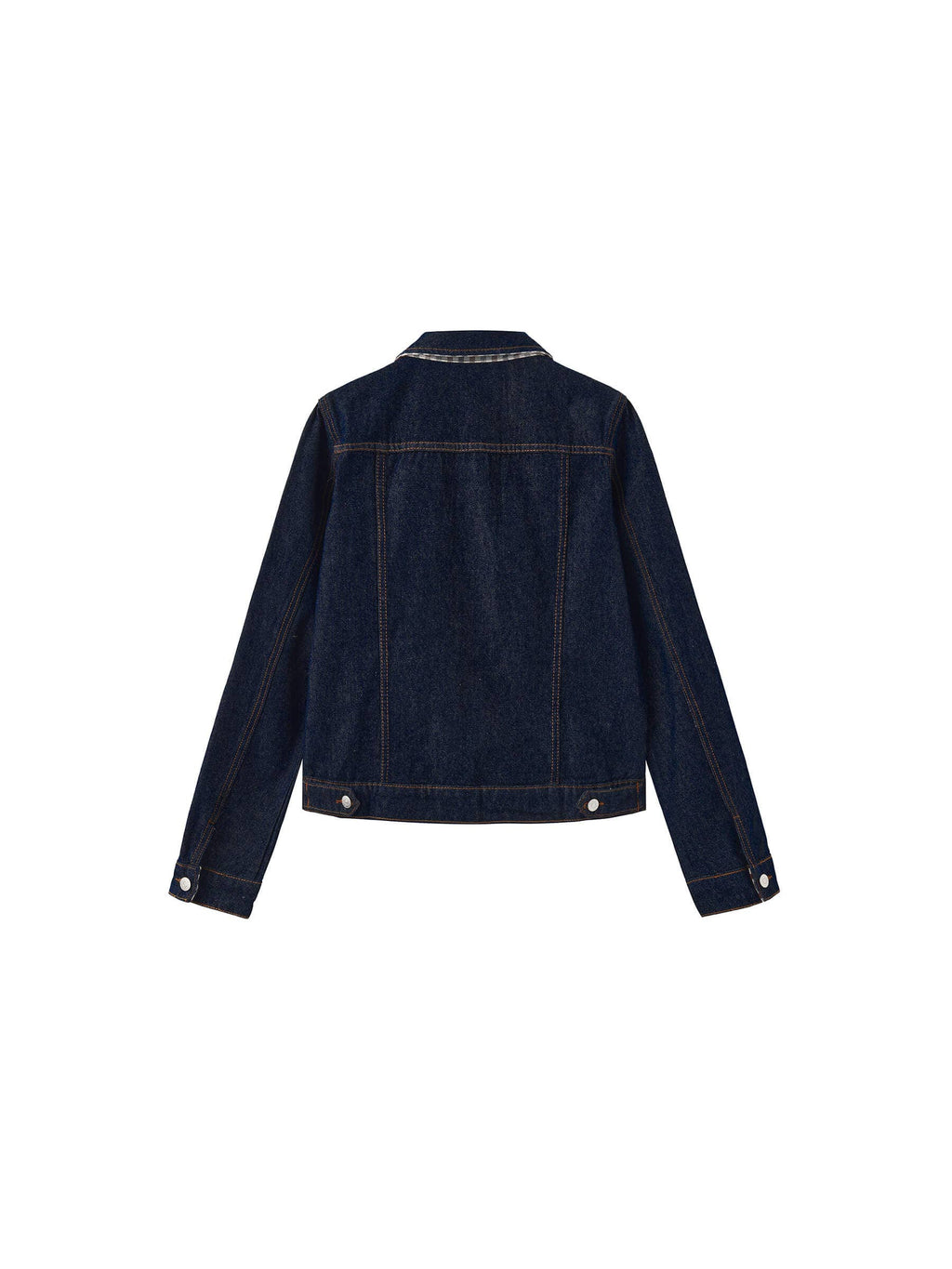 Dark blue denim jacket on a white background