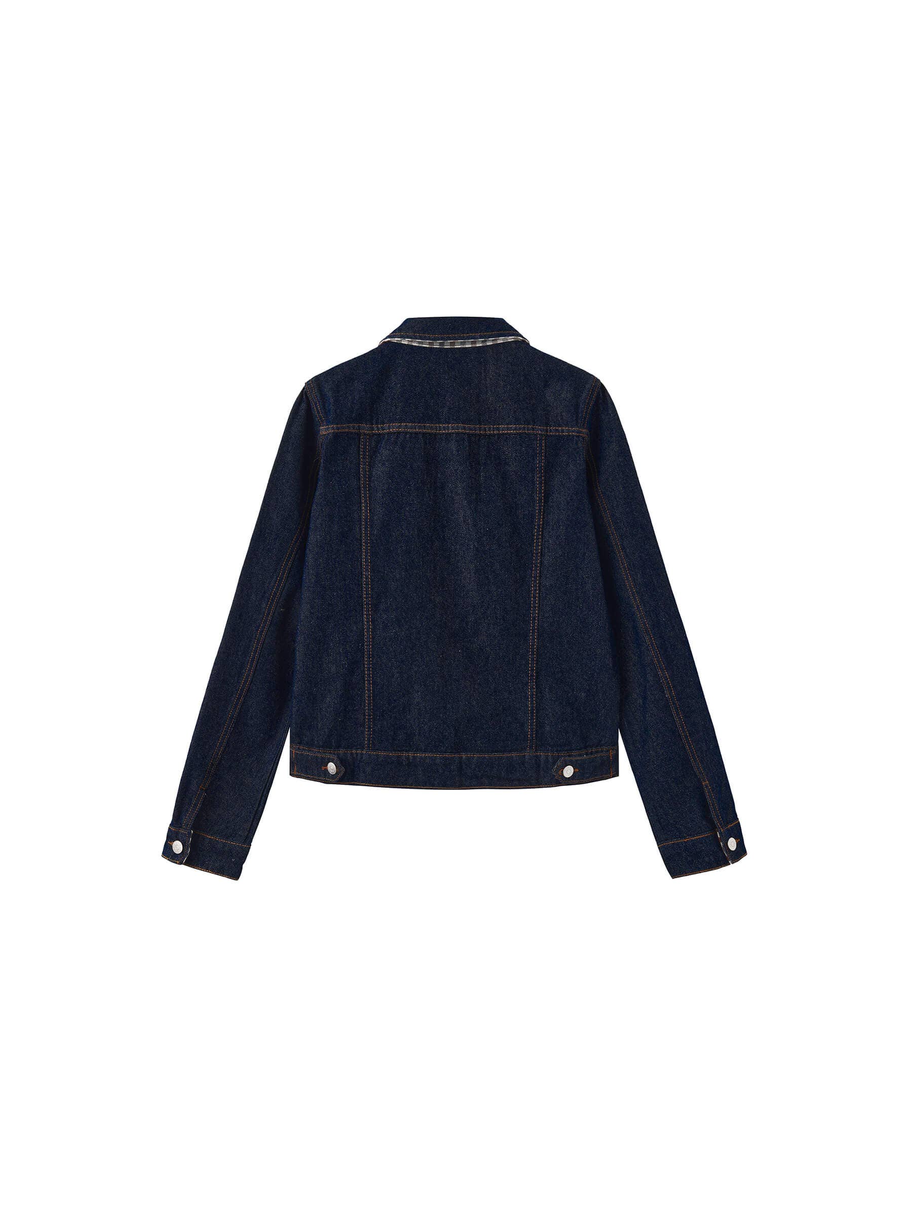 Dark blue denim jacket on a white background