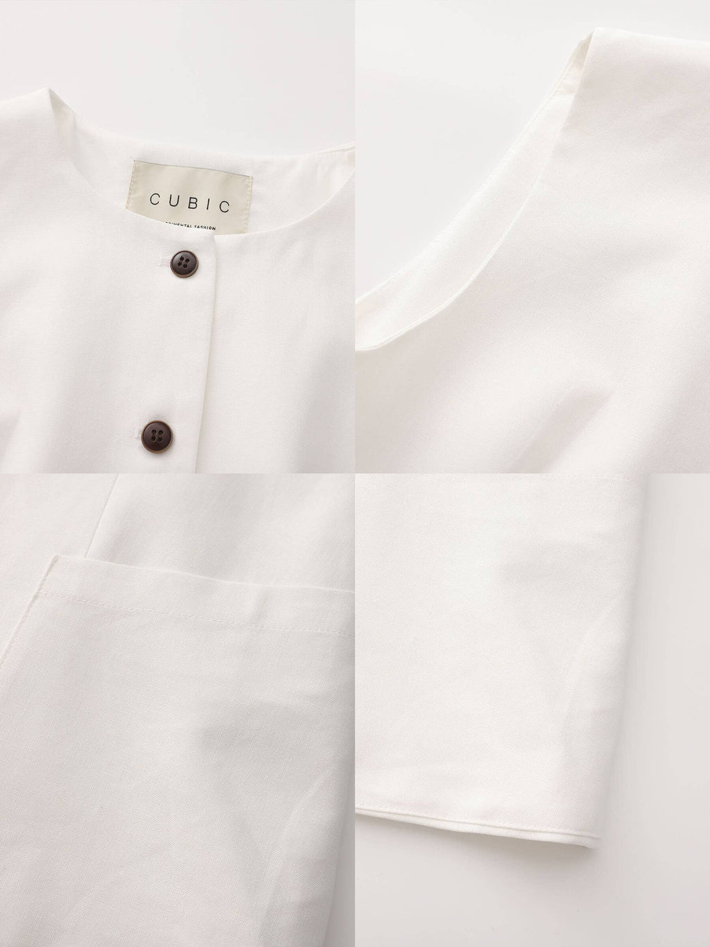 White blazer with black buttons and 'Cubic' label on a light background