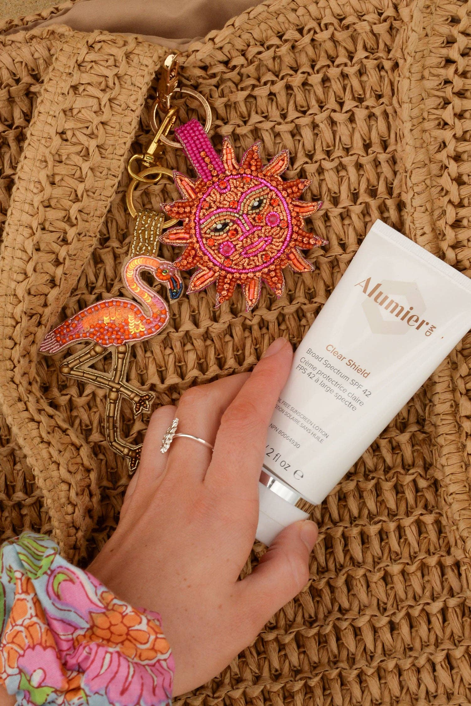 PINK FLAMINGO BEADED KEYRING