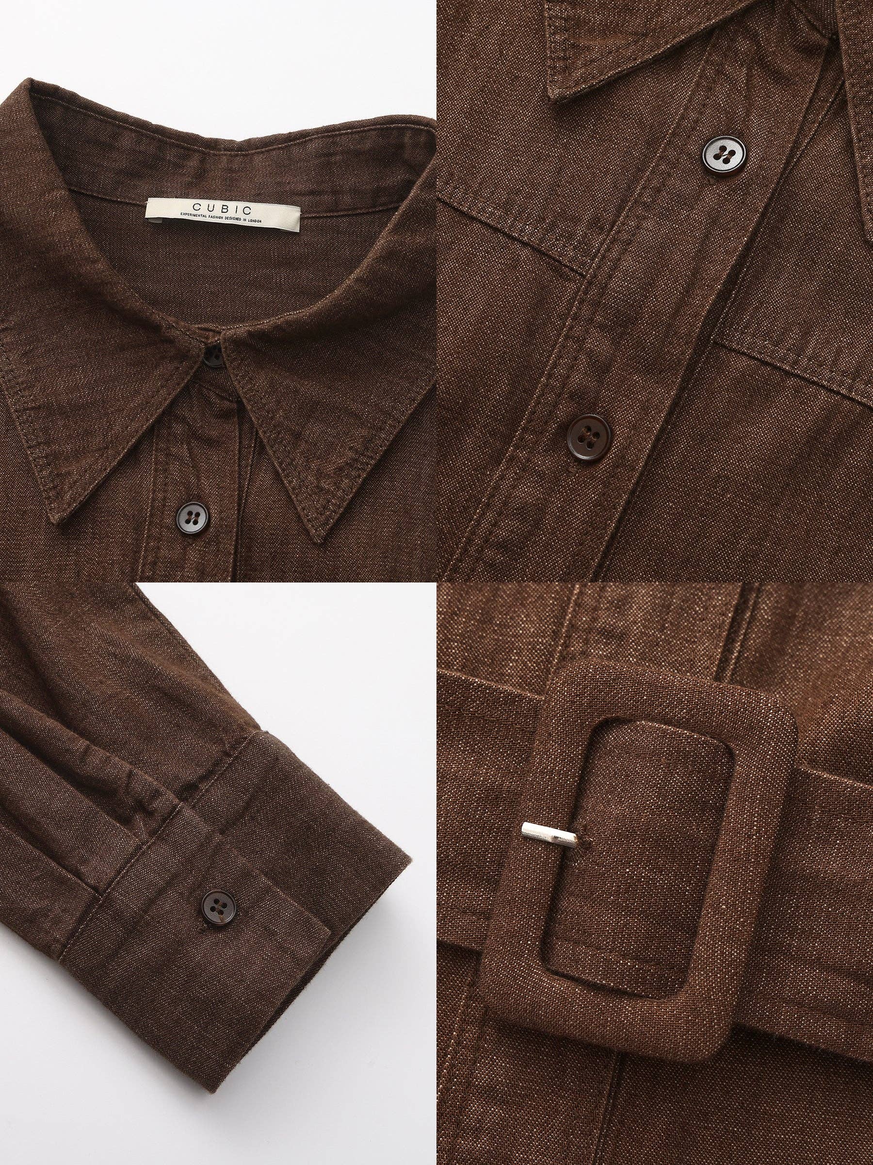Brown corduroy shirt with close-up details on a white background