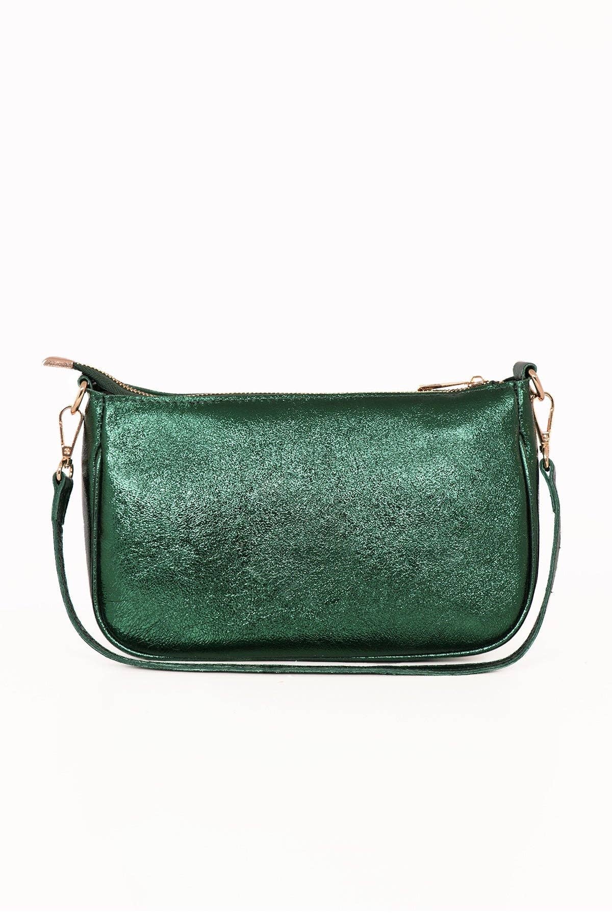 Metallic Green Italian Leather Baguette Bag