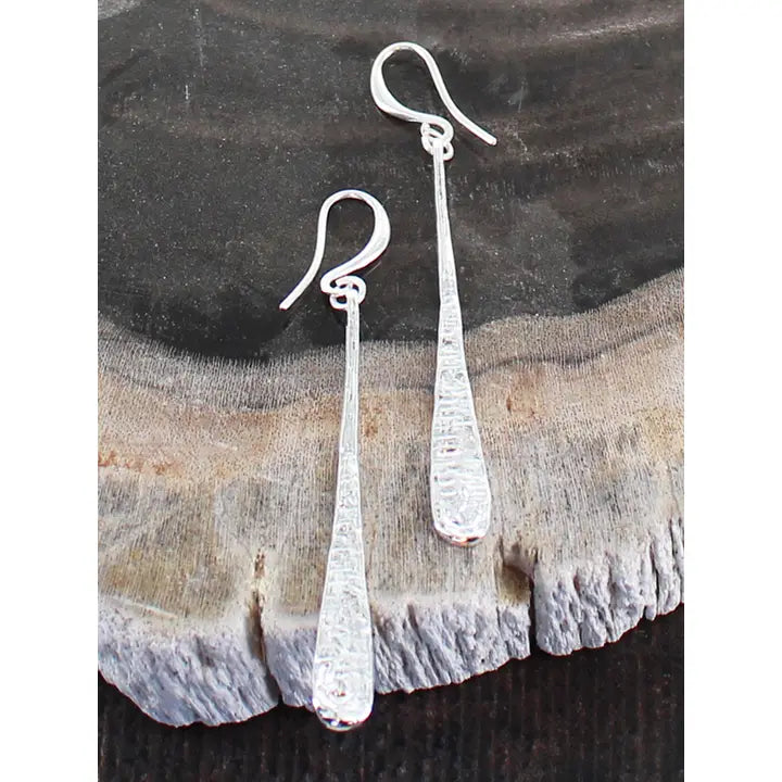 Silver Plated Long Beaten Teardrop Earrings