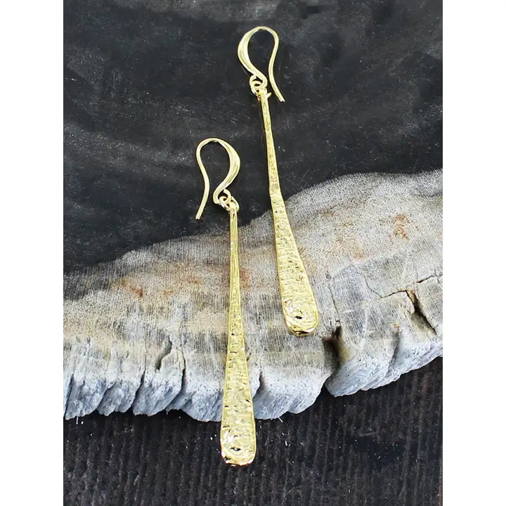 Gold plated long beaten teardrop earrings