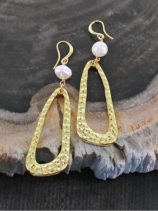 Gold & Pearl Gold Plated Hammered Drop Earrings