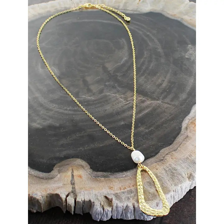 Gold Beaten Teardrop & Pearl Necklace