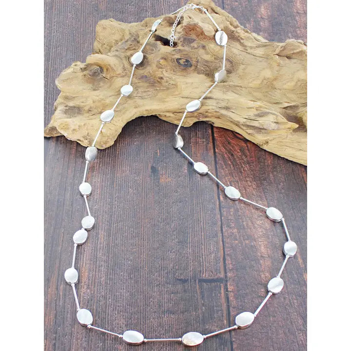 Long Silver Oval Disc Necklace
