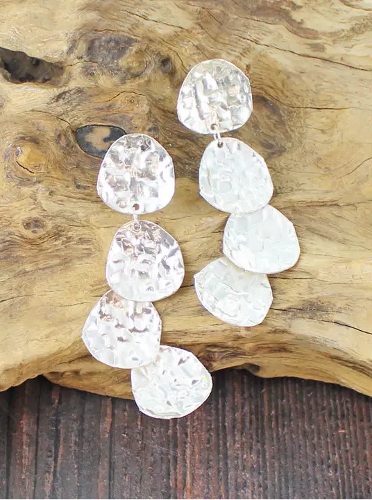 Overlapping Long Silver Beaten Disc Drop Earrings