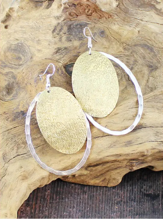 Overlapping Gold & Silver Oval Disc Drop Earrings