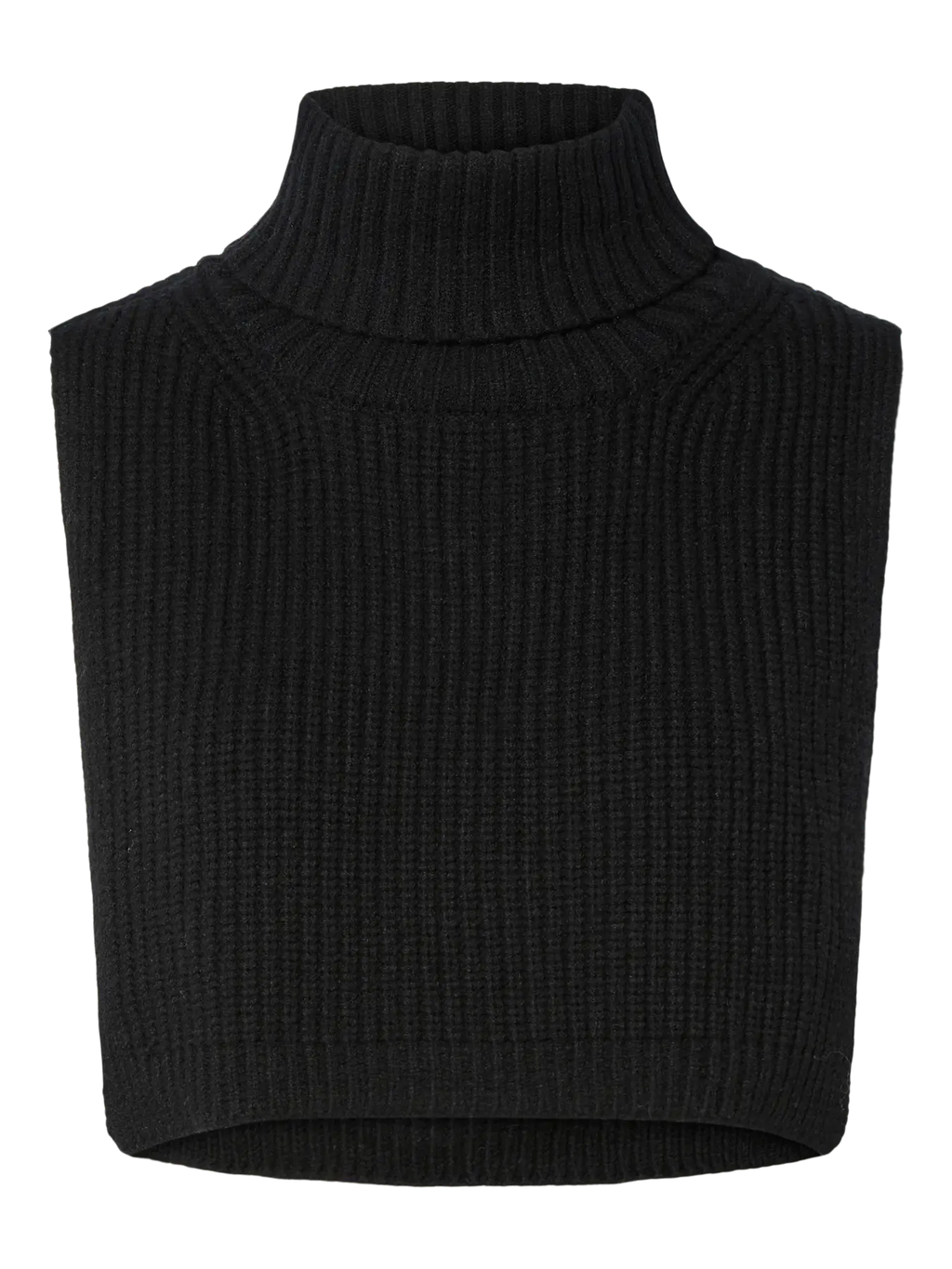 Black ribbed knit turtleneck sleeveless top on a white background
