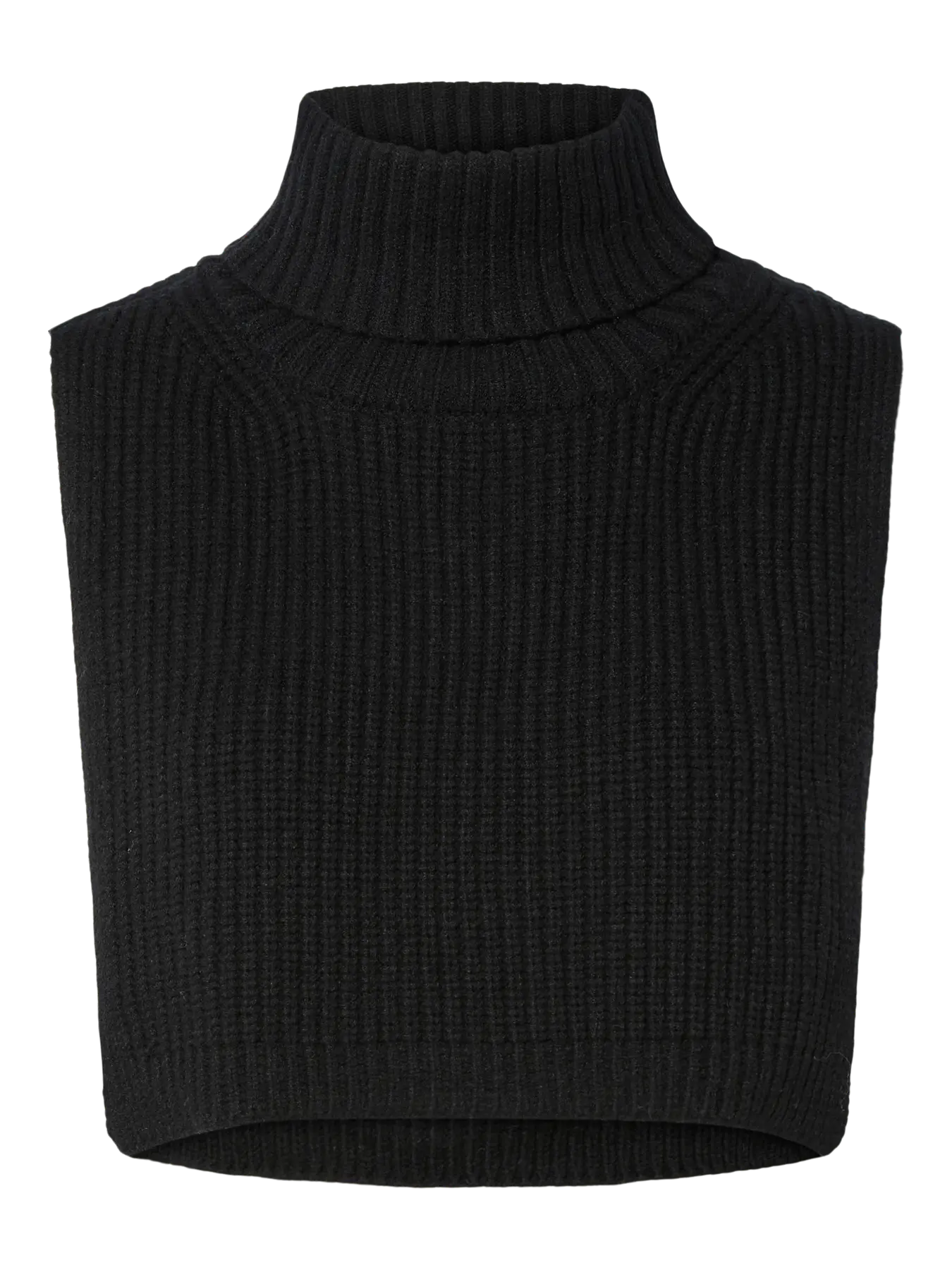 Black ribbed knit turtleneck sleeveless top on a white background