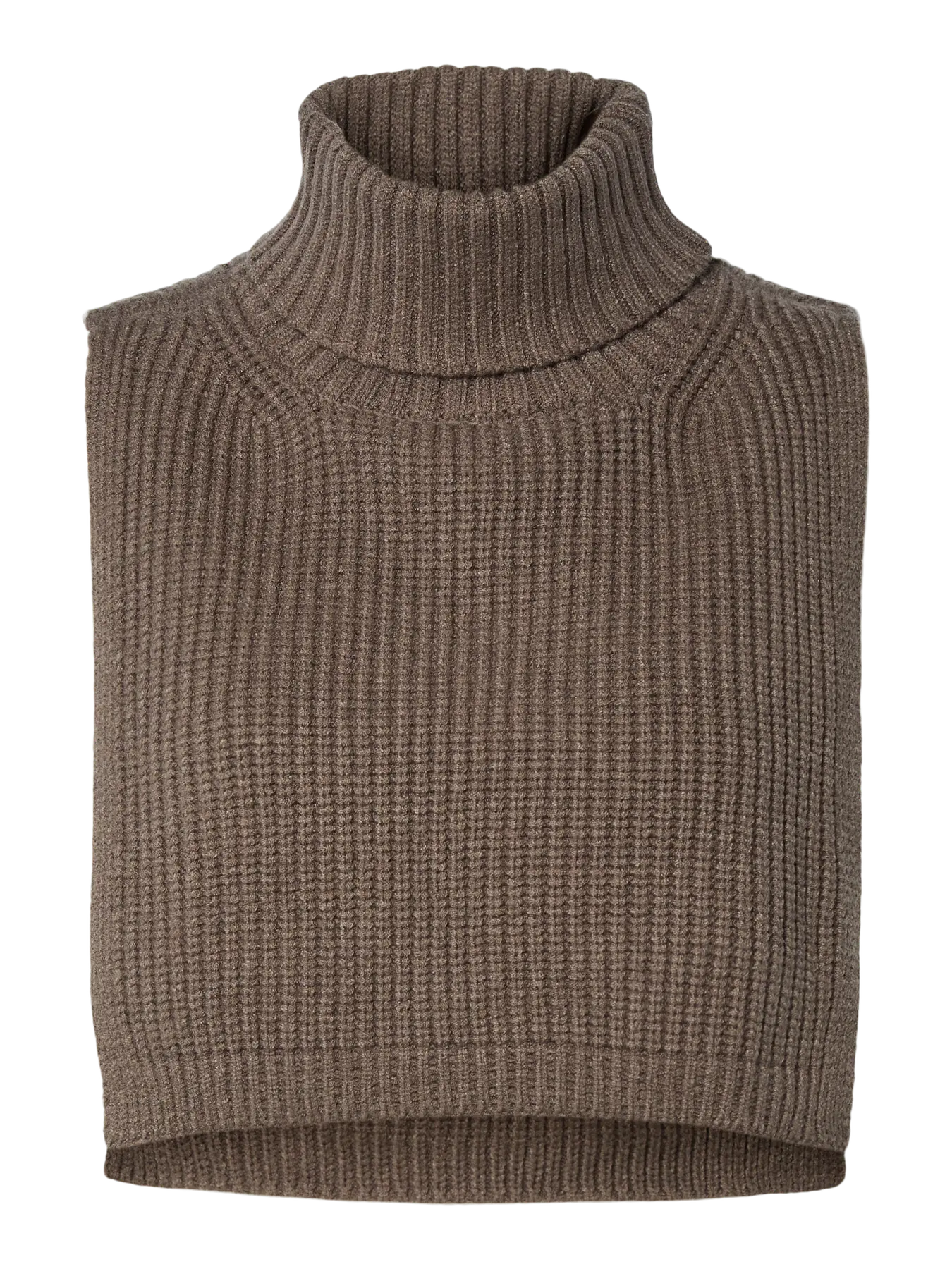 Brown ribbed knit sleeveless sweater on a white background