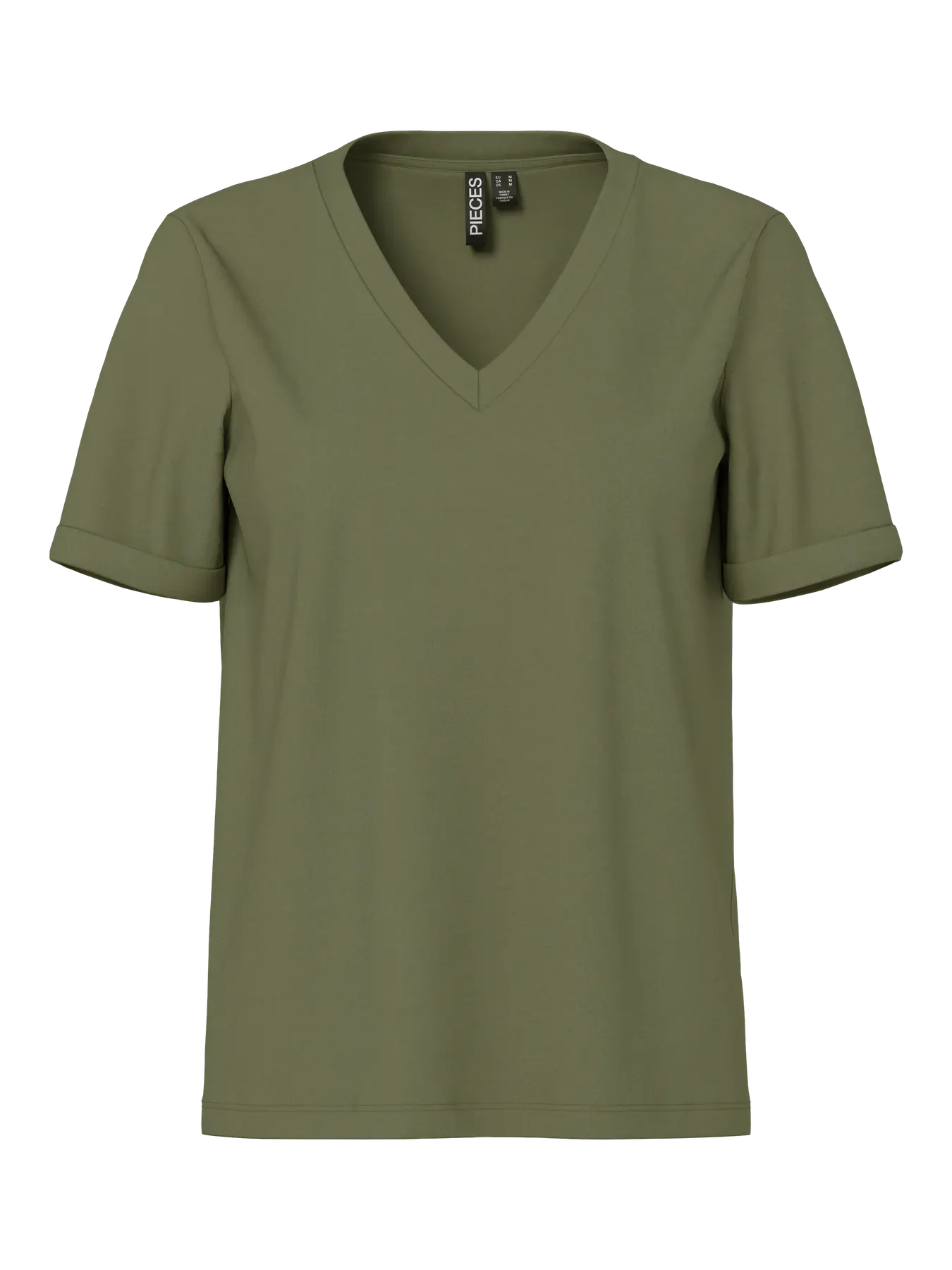 Green t-shirt with a V-neck on a white background