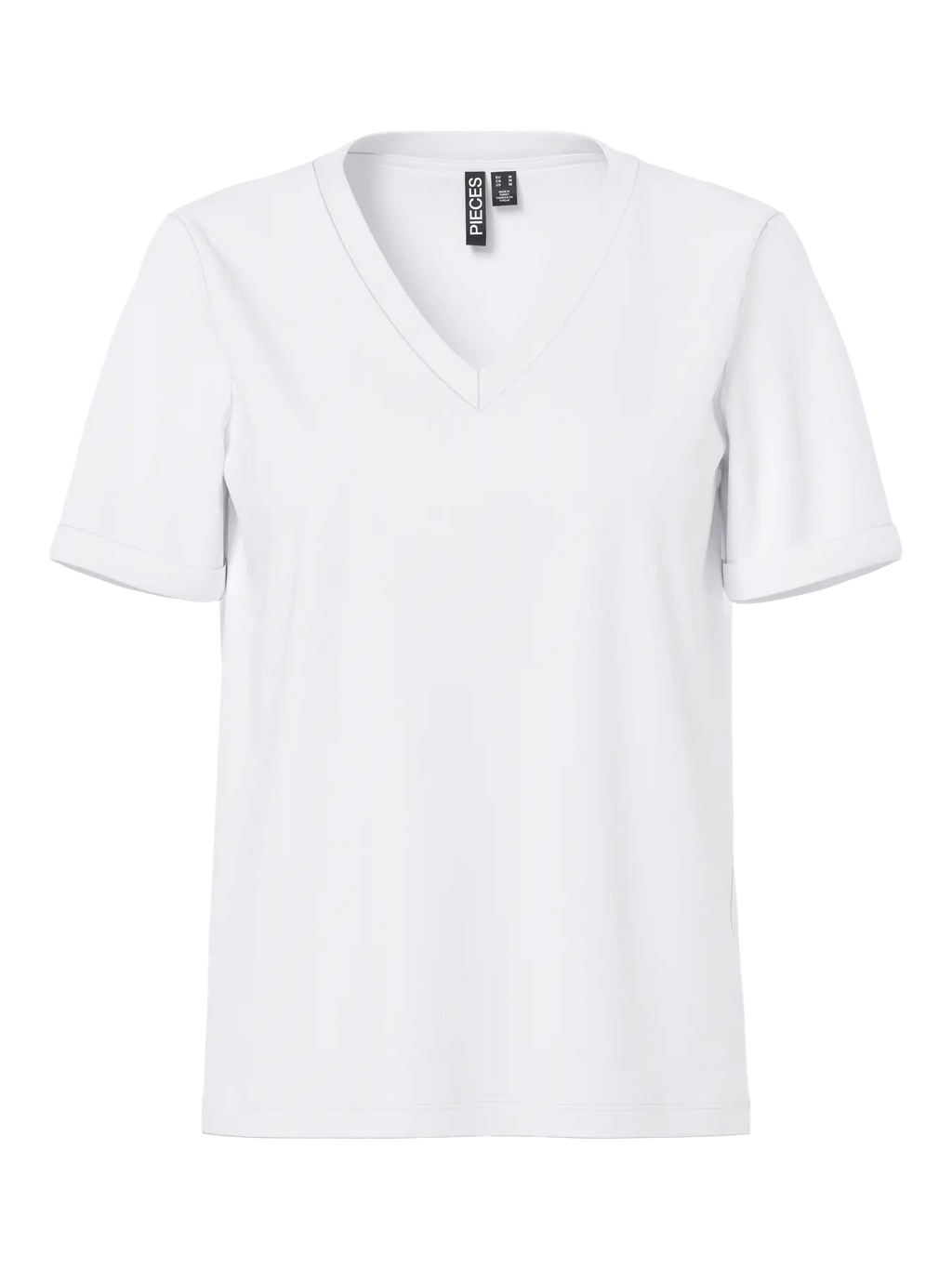 White t-shirt with a brand label on a white background
