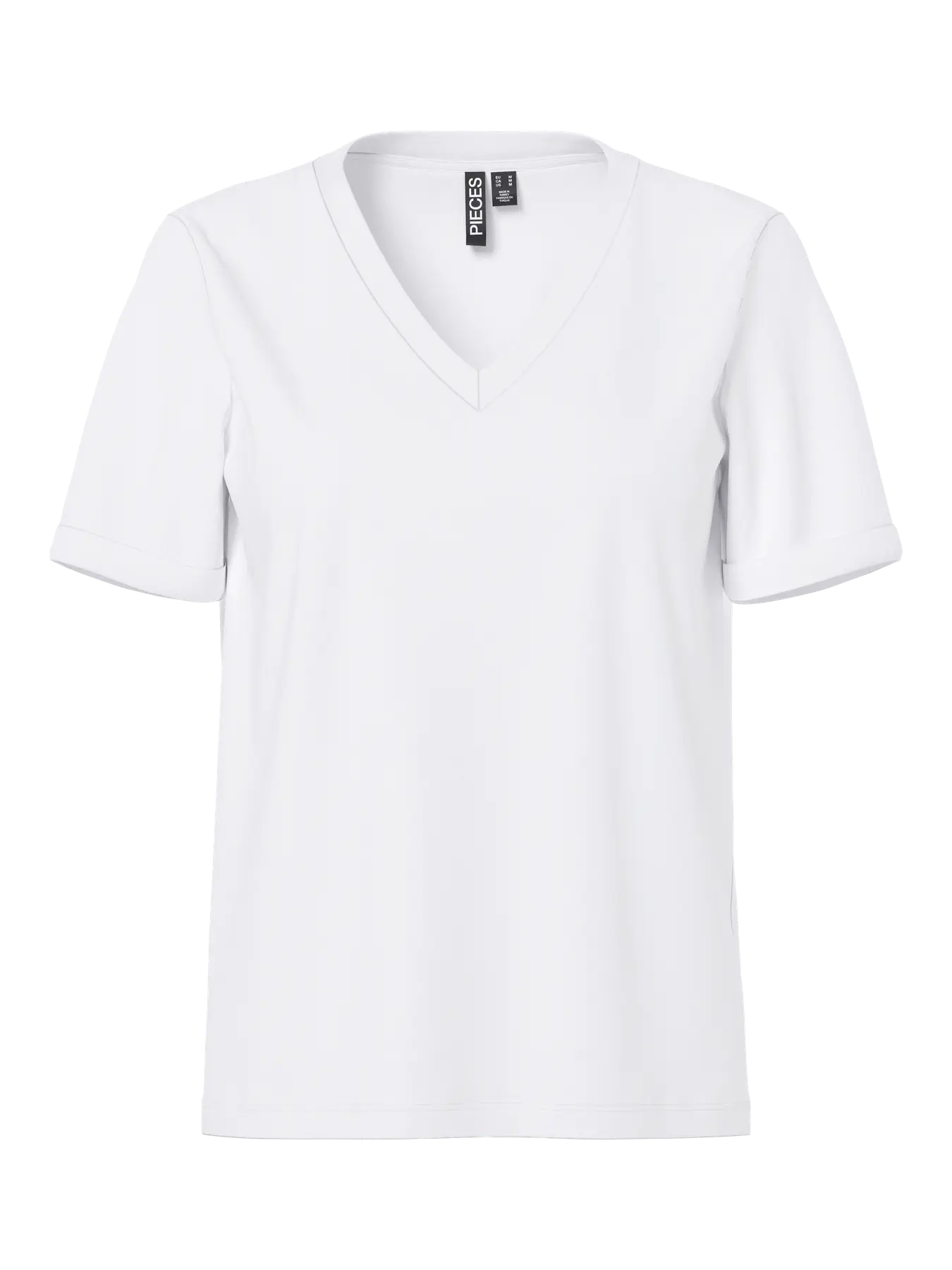 White t-shirt with a brand label on a white background