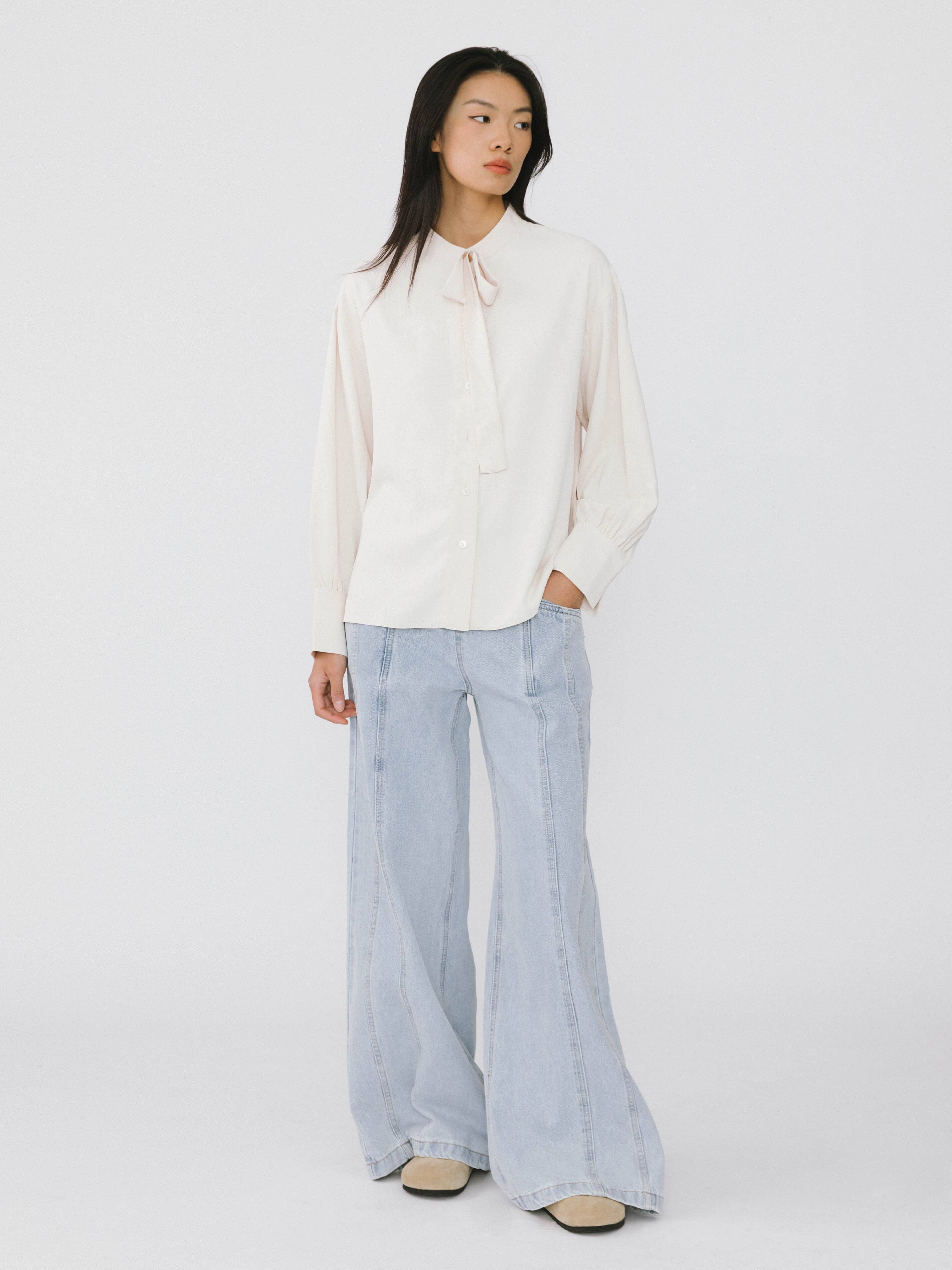 Cubic Oatmeal Collar Tied Slim Fit Shirt