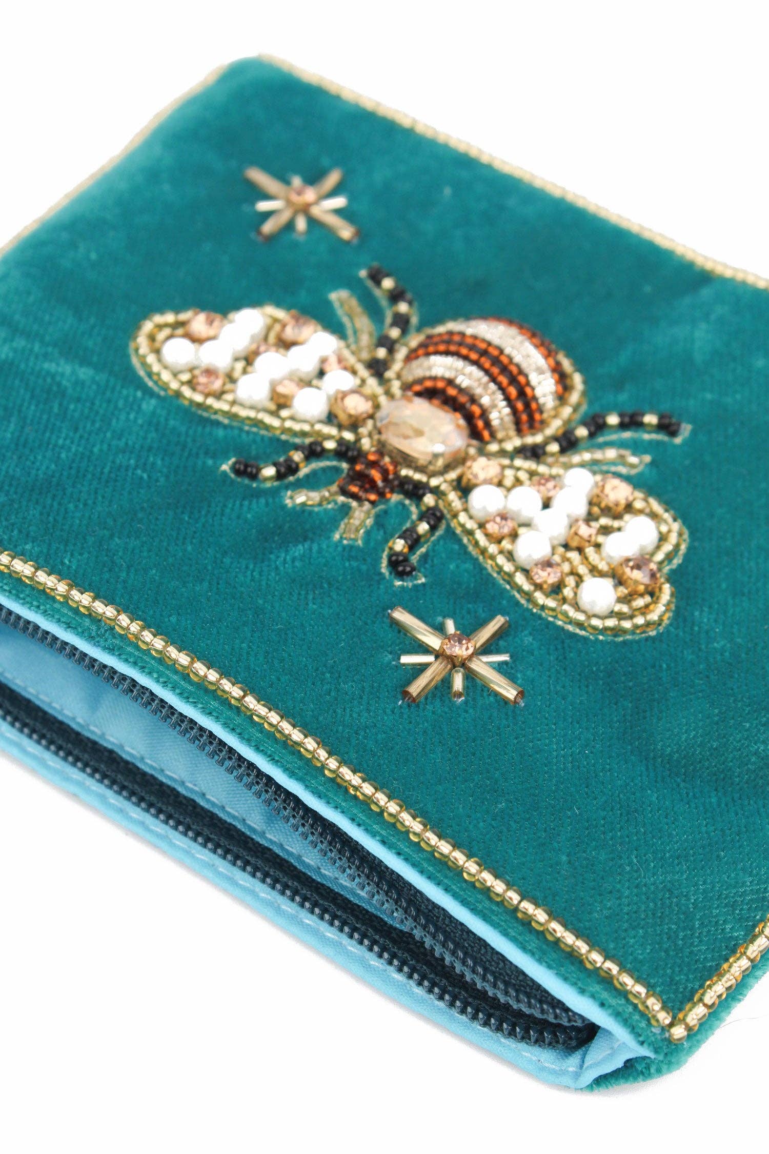 TEAL GOLDEN BEE SMALL VELVET POUCH