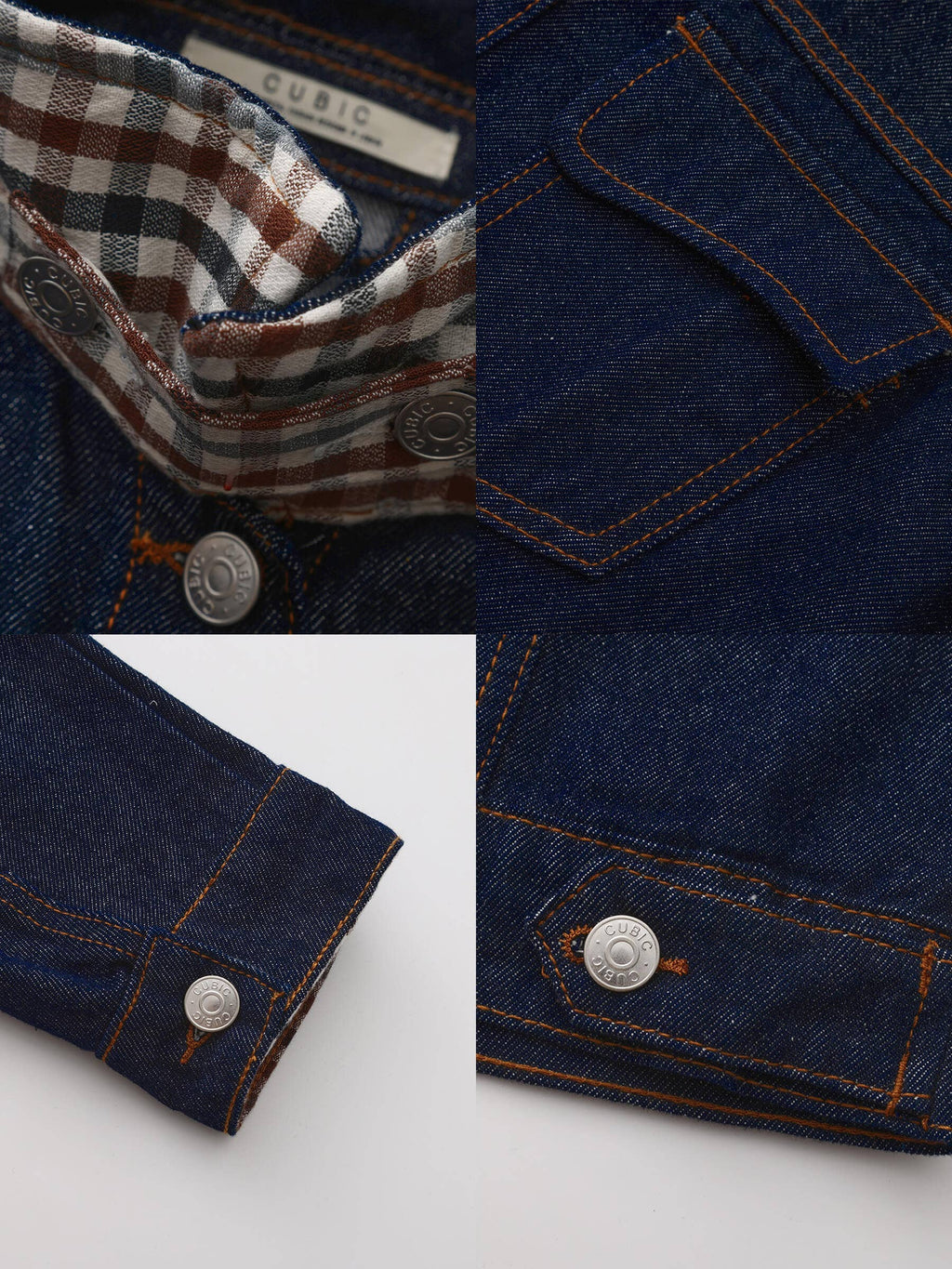 Collage of denim jacket details including plaid lining, button closure, and brand label.