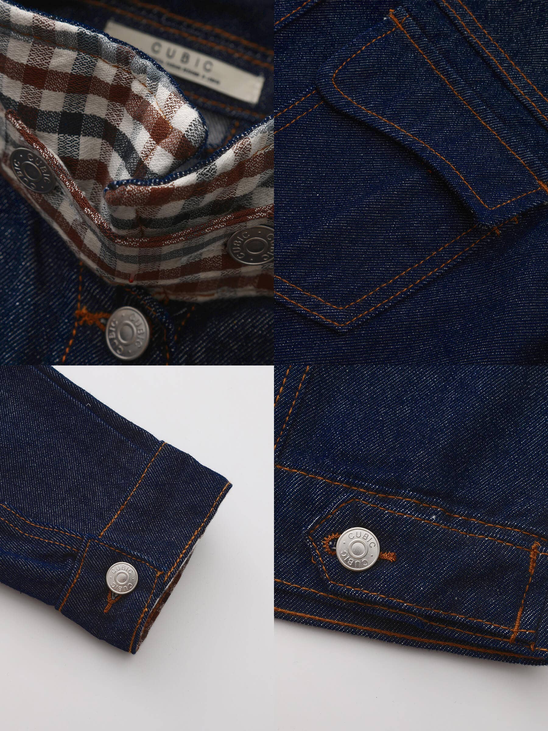 Collage of denim jacket details including plaid lining, button closure, and brand label.