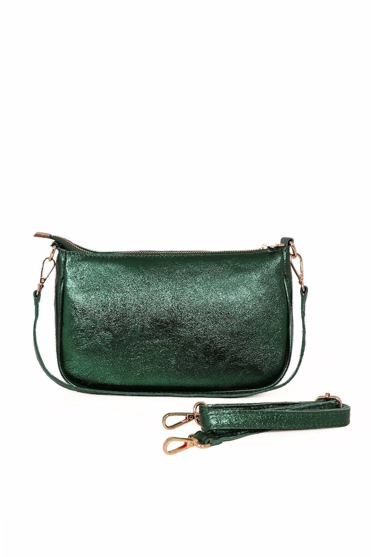 Metallic Green Italian Leather Baguette Bag