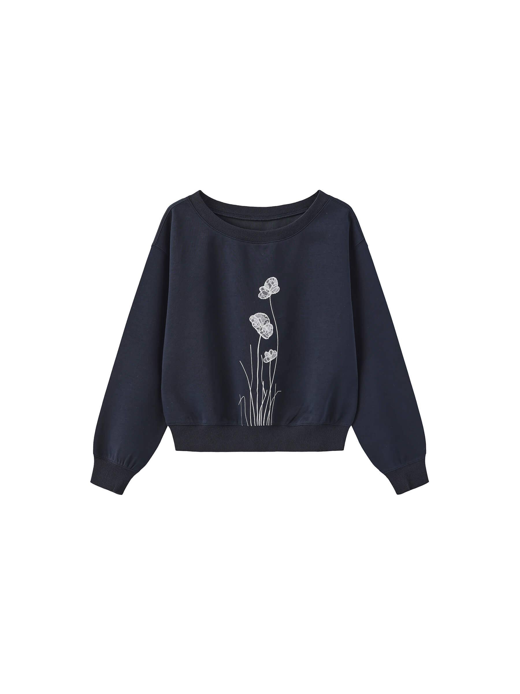 Navy blue sweatshirt with floral design on a white background